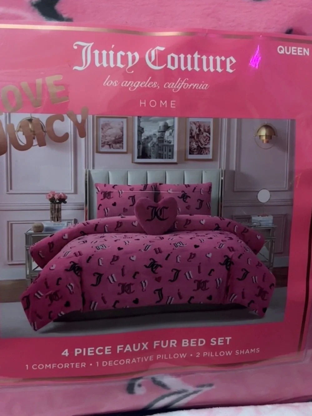 Juicy Couture Pink Faux Fur Bed Set with Black Accent Print